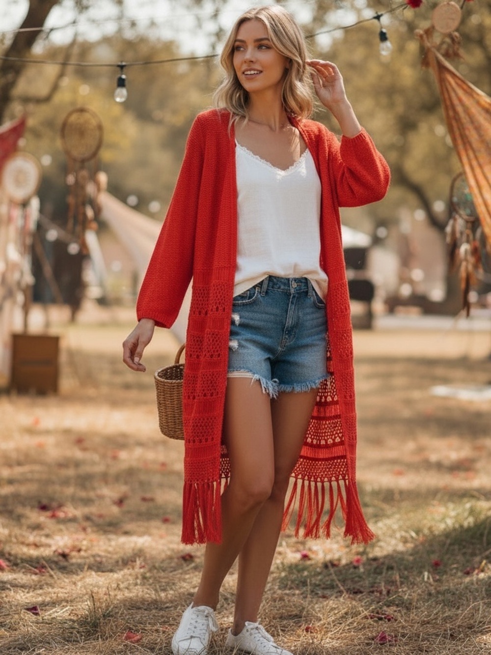 Crochet Knit Fringe Long Cardigan size XS orange boho hippie festival